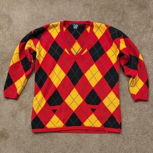 90s Gap Vintage V Neck Sweater Womens Small Red Argyle Cotton Pullover Crew Neck